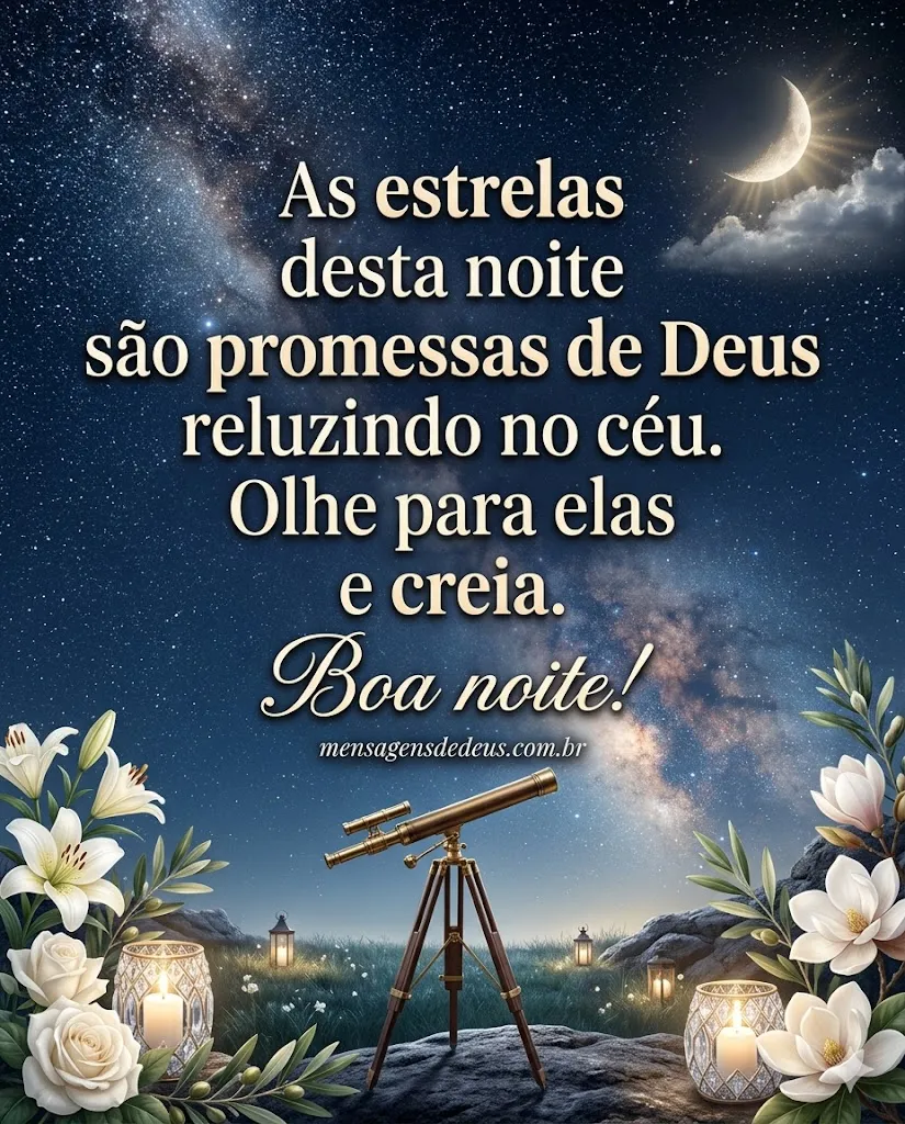 Mensagem de boa noite poética com estrelas e promessas de Deus no céu
