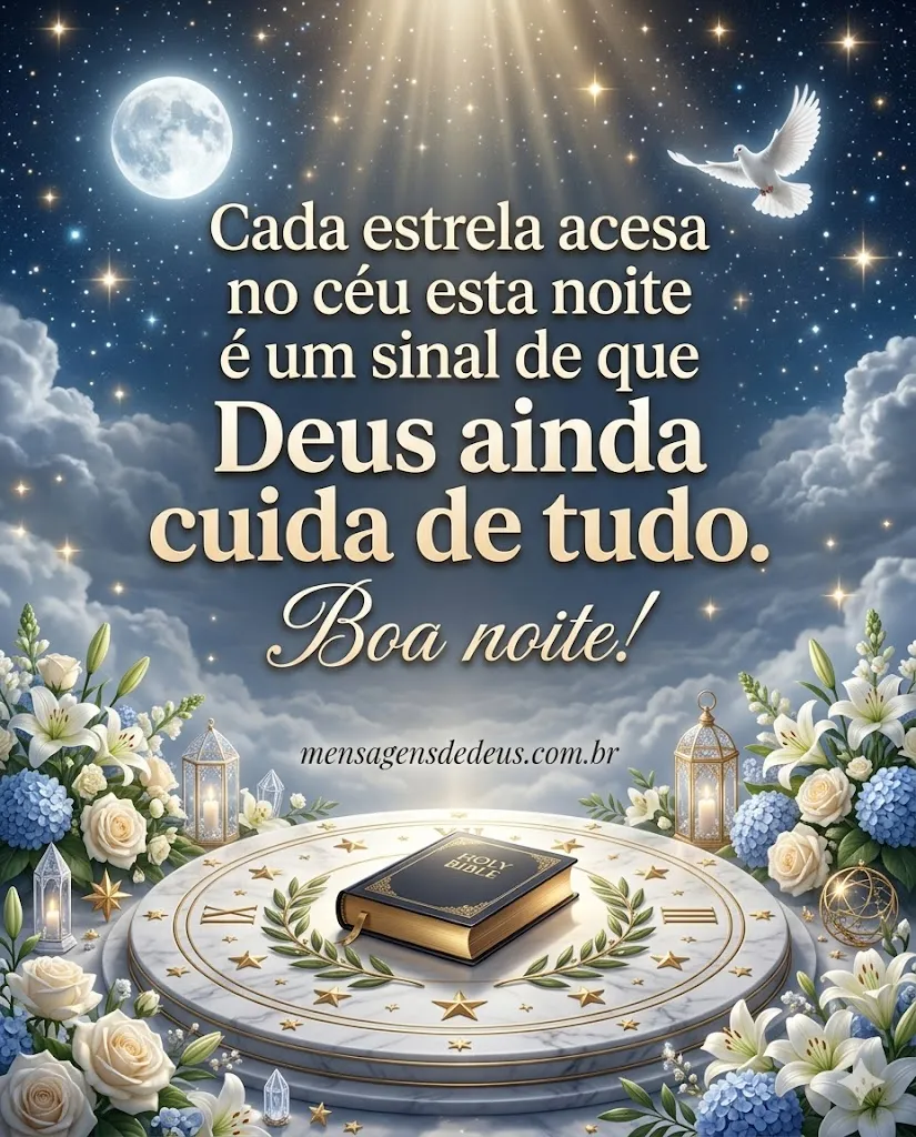 Mensagem de boa noite com estrelas iluminadas pelo cuidado de Deus