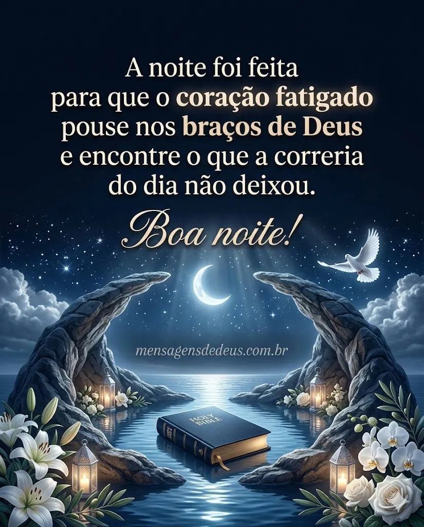 Frase de boa noite poética sobre encontrar descanso nos braços de Deus