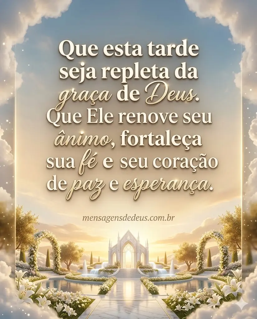 Que esta tarde seja repleta da graça de Deus. Que Ele renove seu ânimo, fortaleça sua fé e seu coração de paz e esperança.