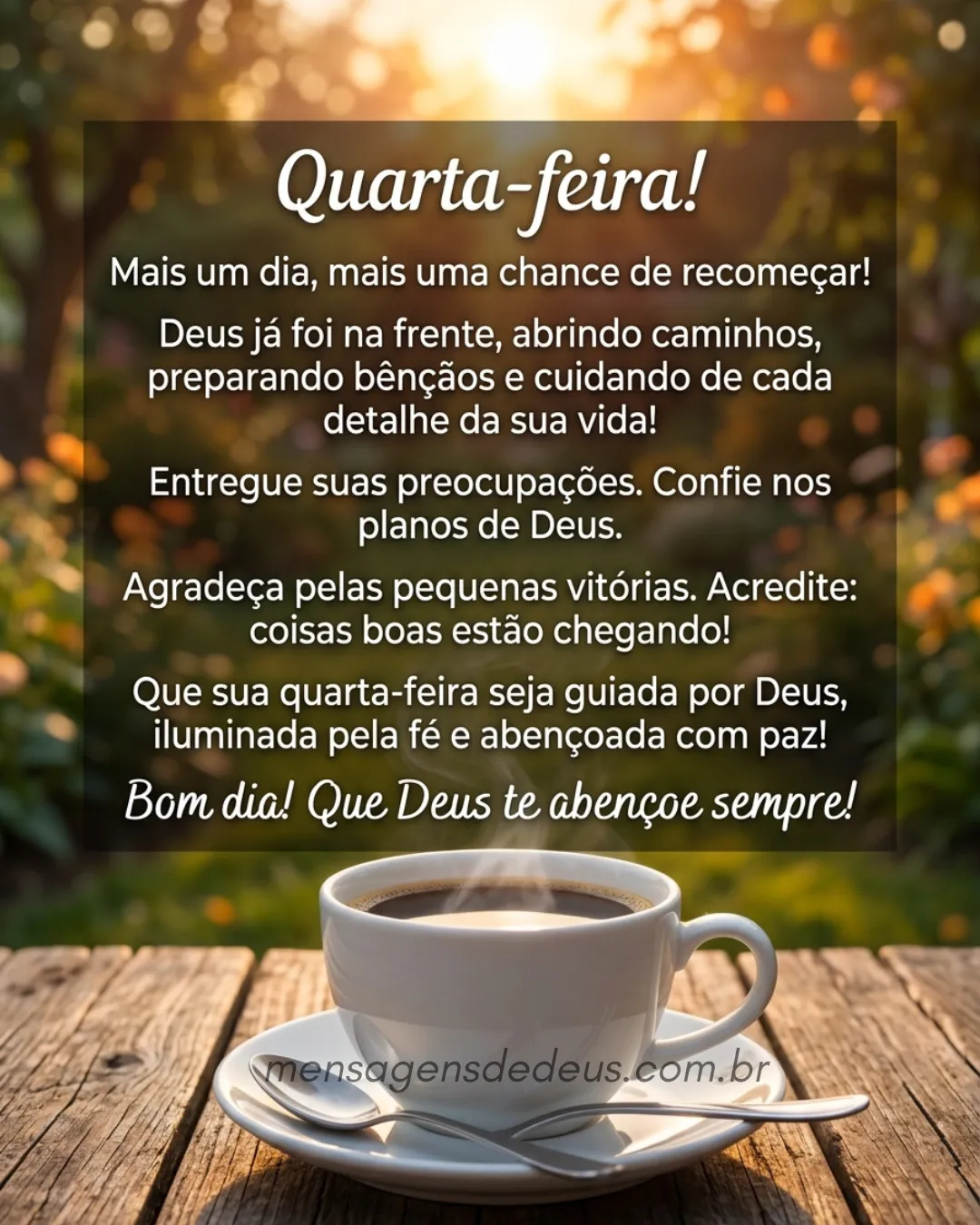 Quarta-feira! Mais um dia, mais uma chance de recomeçar! Deus já foi na frente, abrindo caminhos, pr
